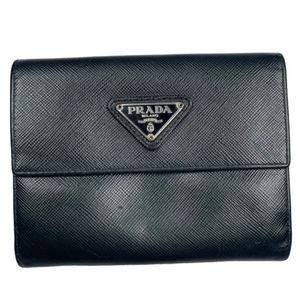 Prada Saffiano Black Leather Silver Hardware Unisex Bi-Fold Compact Snap Wallet